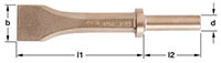 Image of a bronze pneumatic chisel with a wide, flat chisel blade on the left, transitioning to a hexagonal neck and a round retaining collar just right of the middle. Chisel shaft, right of the collar is round. Chisel neck is stamped with AMPCO USA.